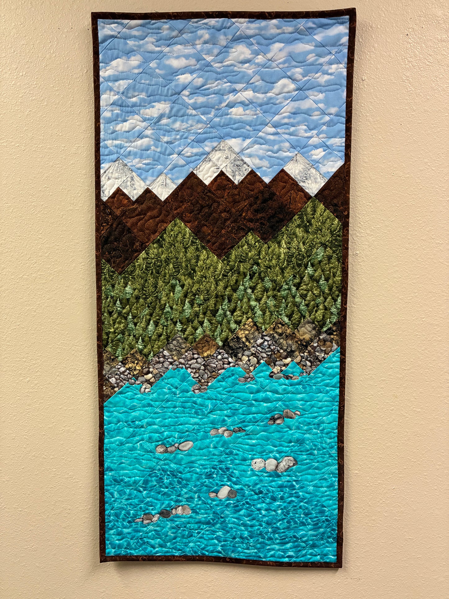 Lake Tahoe Art Quilt Fabric Wall Hanging Tapestry,  Landscape Scenic Mountain 18x40"