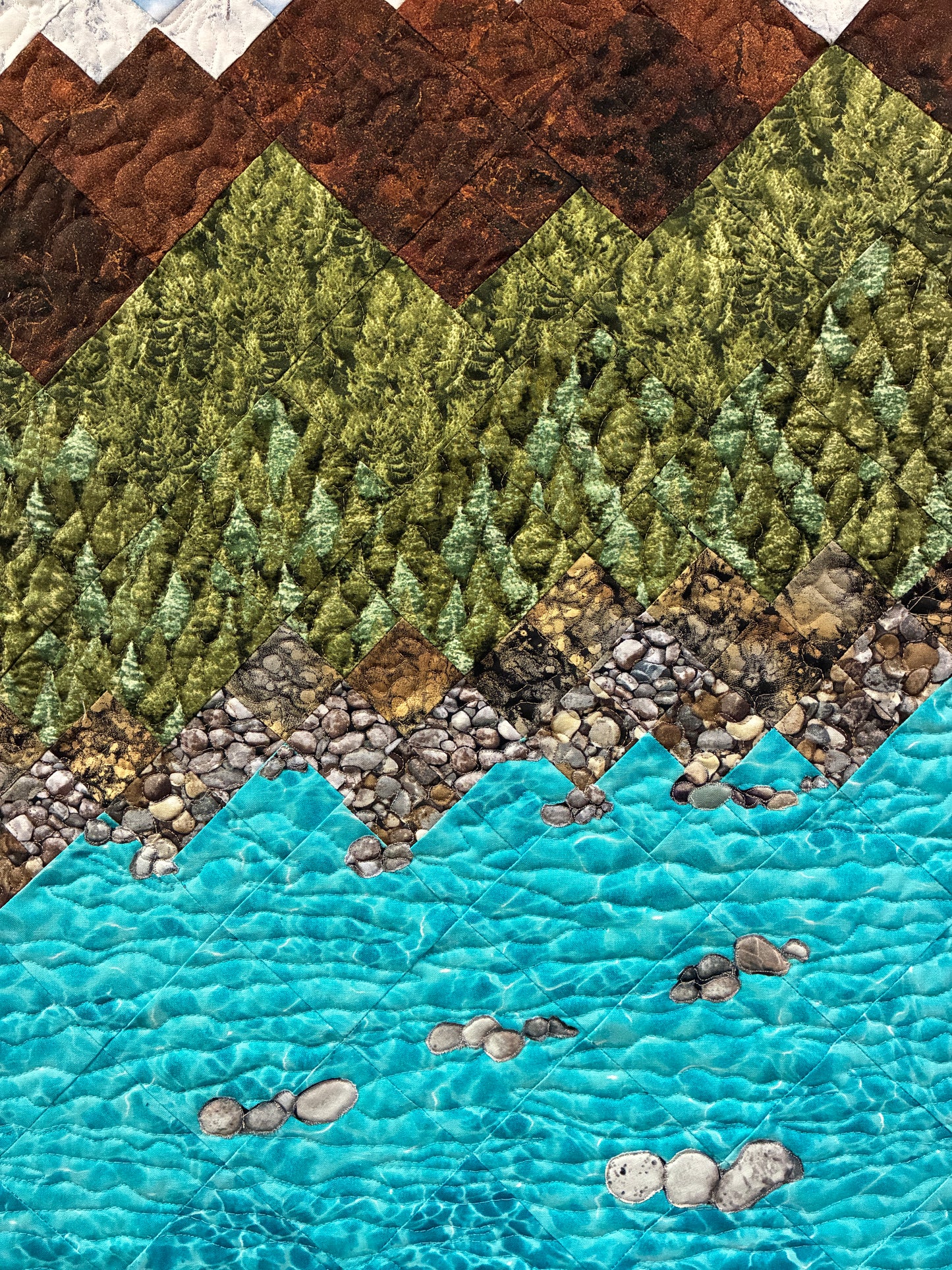 Lake Tahoe Art Quilt Fabric Wall Hanging Tapestry,  Landscape Scenic Mountain 18x40"