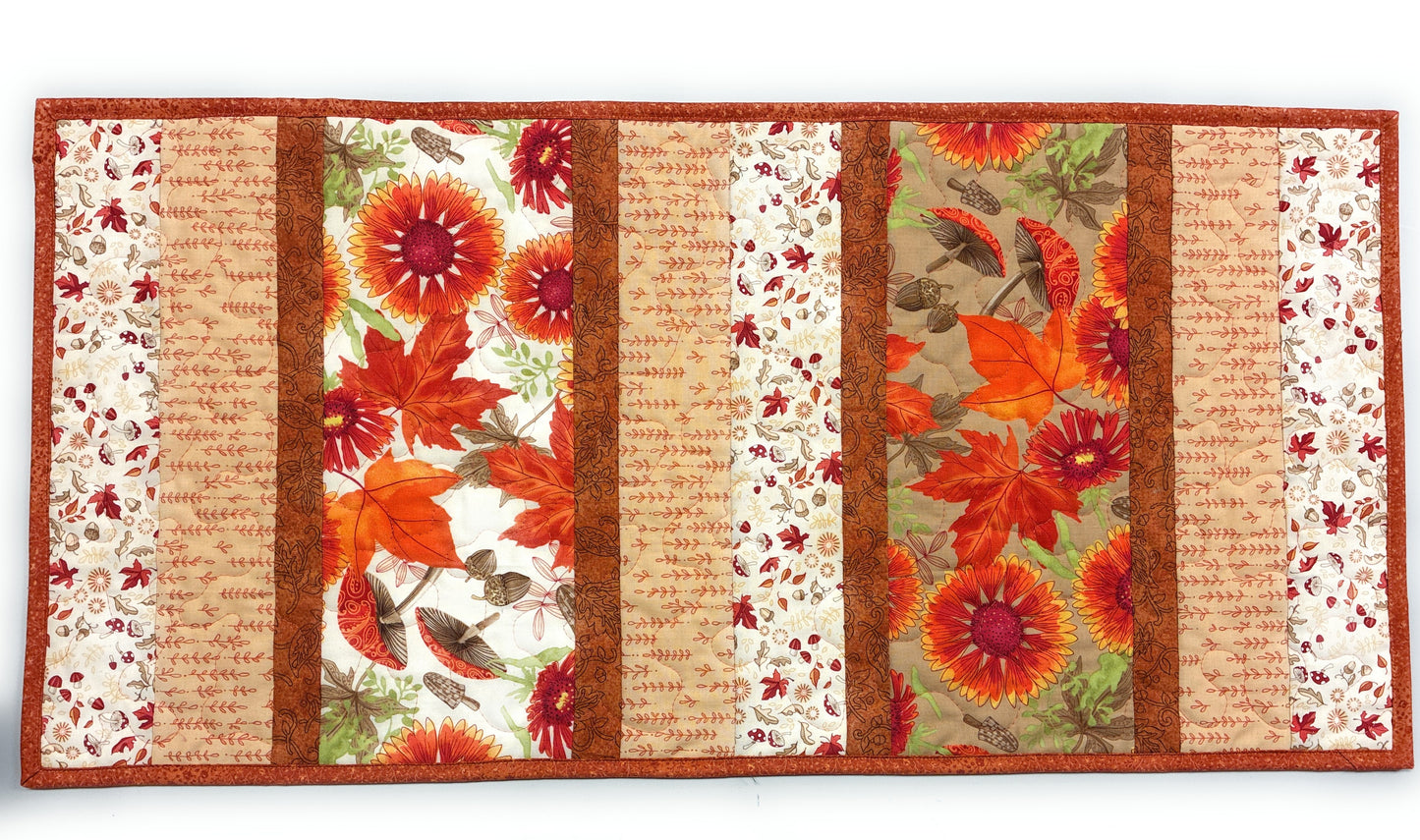 Fall Leaves Sunflowers Mushrooms Quilted Dining or Coffee Table Runner Handmade