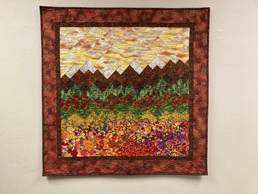 Reserved for Jamie-Fall Sunset Flowers Snowy Mountains Art Quilt Tapestry Fabric Wall Hanging 38x38" Large Bedroom Sofa Horizontal Artwork Quilt, Autumn Meadow
