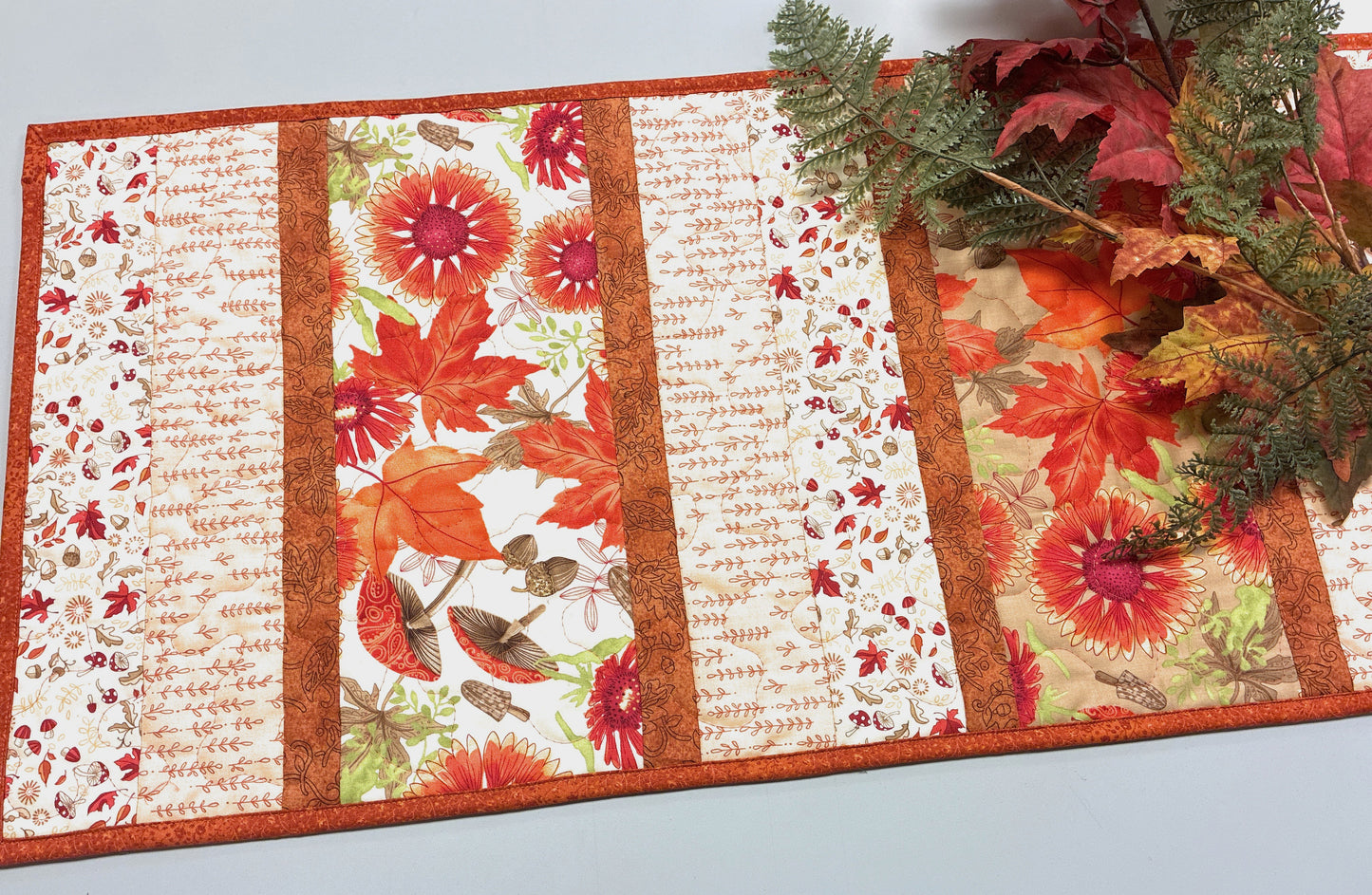 Fall Leaves Sunflowers Mushrooms Quilted Dining or Coffee Table Runner Handmade