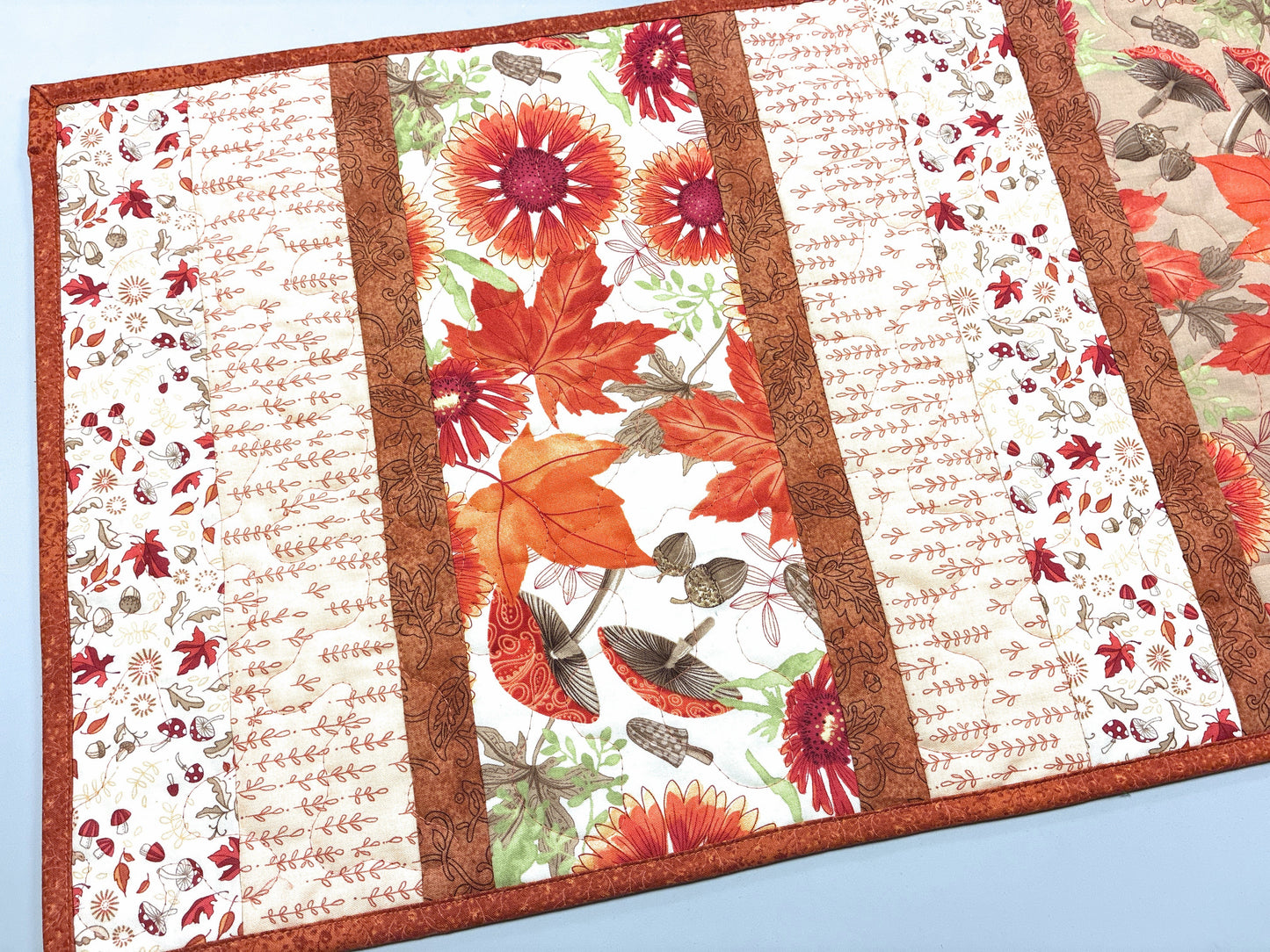 Fall Leaves Sunflowers Mushrooms Quilted Dining or Coffee Table Runner Handmade