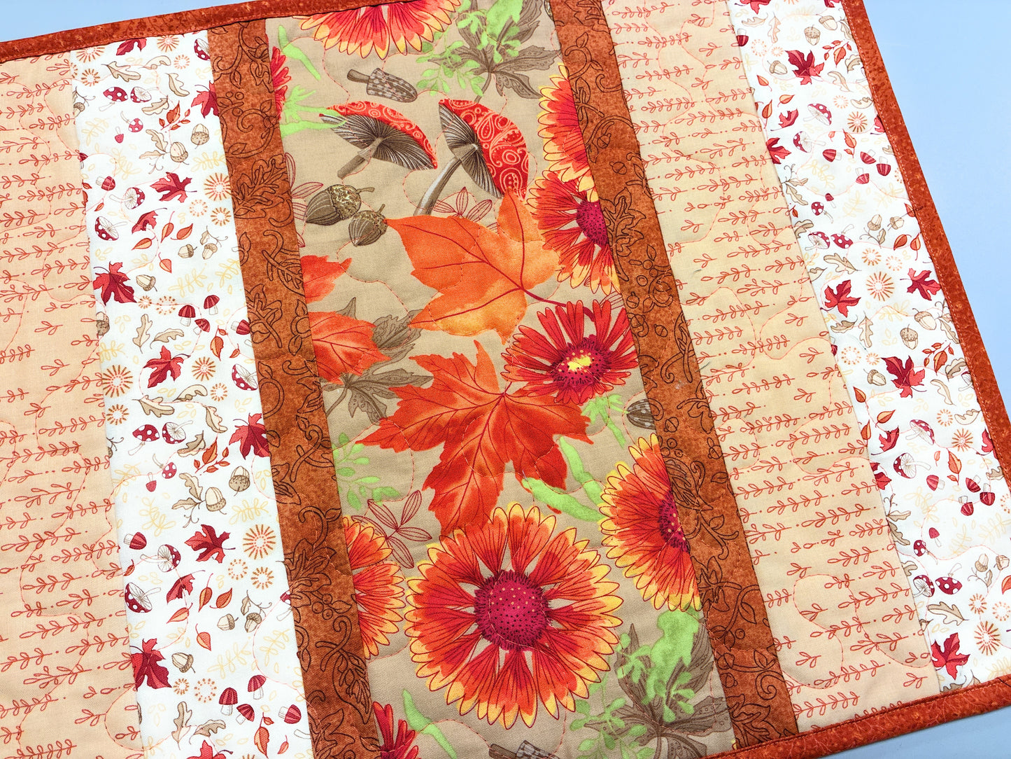 Fall Leaves Sunflowers Mushrooms Quilted Dining or Coffee Table Runner Handmade