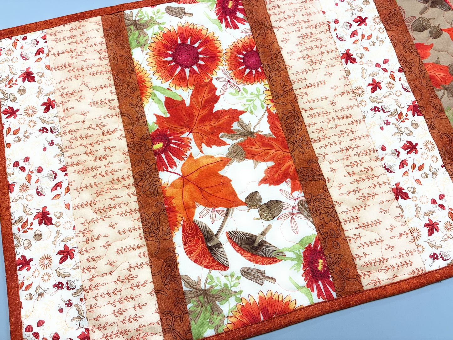 Fall Leaves Sunflowers Mushrooms Quilted Dining or Coffee Table Runner Handmade