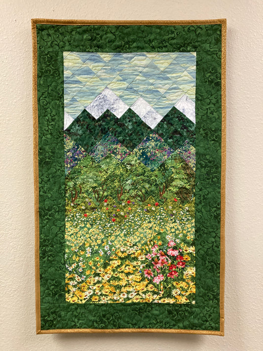 Spring Flowers Mountain Art Quilt, Fabric Wall Hanging Yellow Daisies Pink Flowers, Forest Sunshine Landscape Tapestry, Handmade 18x30"