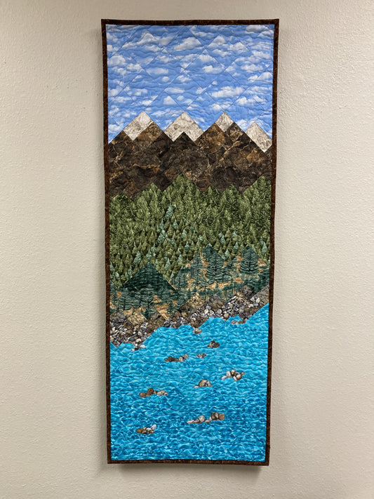 Lake Tahoe Art Quilt Fabric Wall Hanging, Textile Tapestry, Long Vertical Narrow Landscape Scenic Quilt 18x46", Mountain Pine Trees Alpine