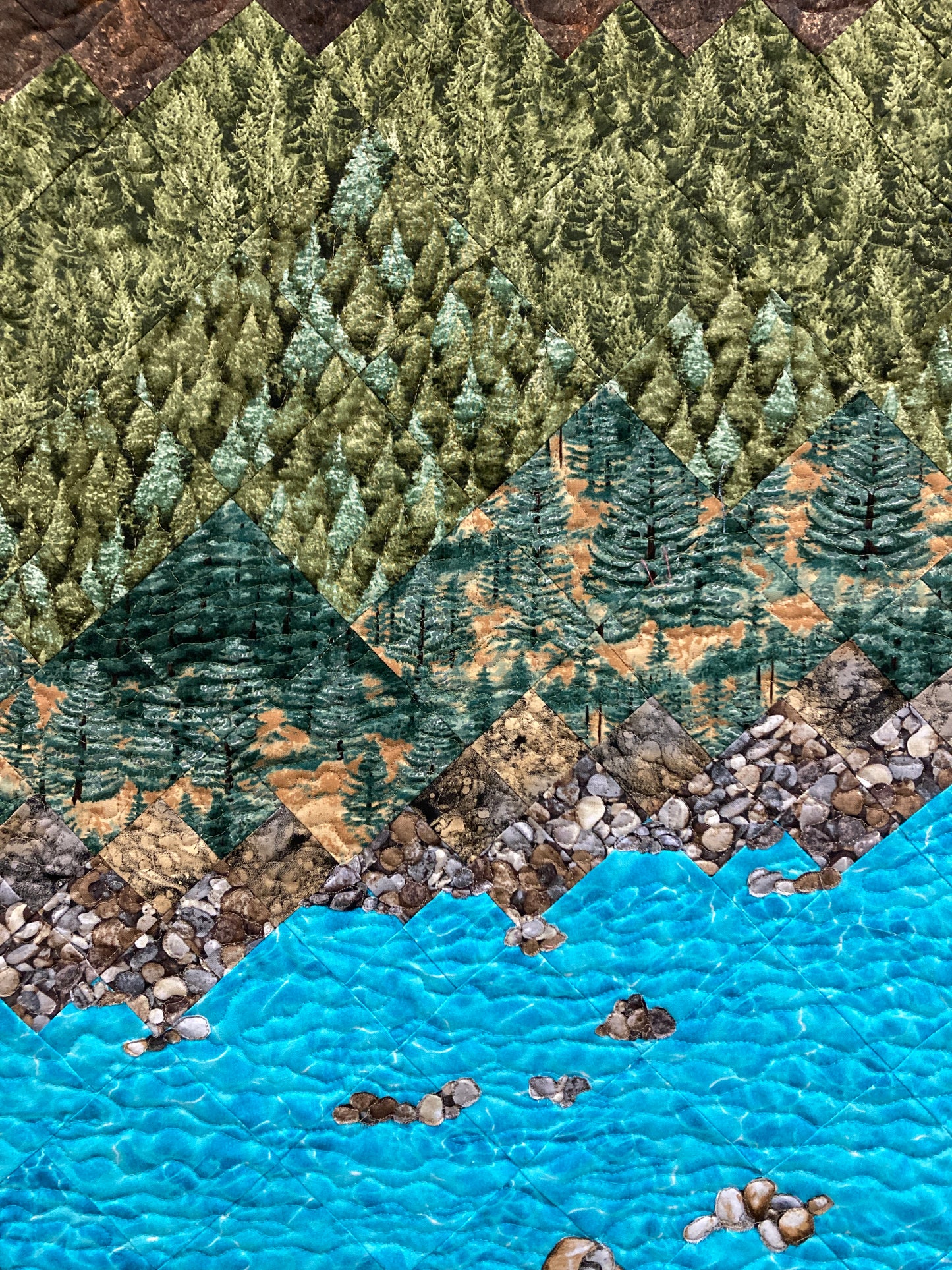 Lake Tahoe Art Quilt Fabric Wall Hanging, Textile Tapestry, Long Vertical Narrow Landscape Scenic Quilt 18x46", Mountain Pine Trees Alpine