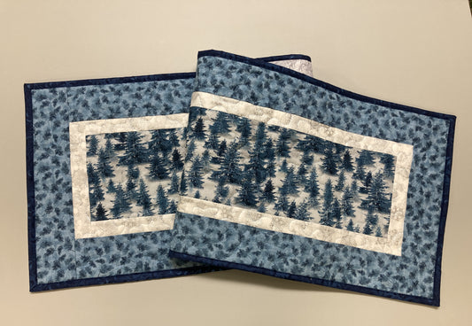 Blue Winter Trees Quilted Dining Table Runner, 13x48 Reversible, Coffee End Table Cabin Everyday Woods Mountains Handmade Hanukkah Christmas