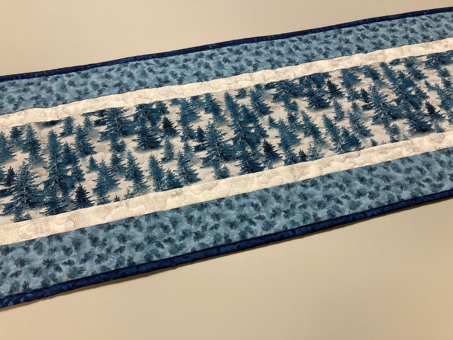 Blue Winter Trees Quilted Dining Table Runner, 13x48 Reversible, Coffee End Table Cabin Everyday Woods Mountains Handmade Hanukkah Christmas