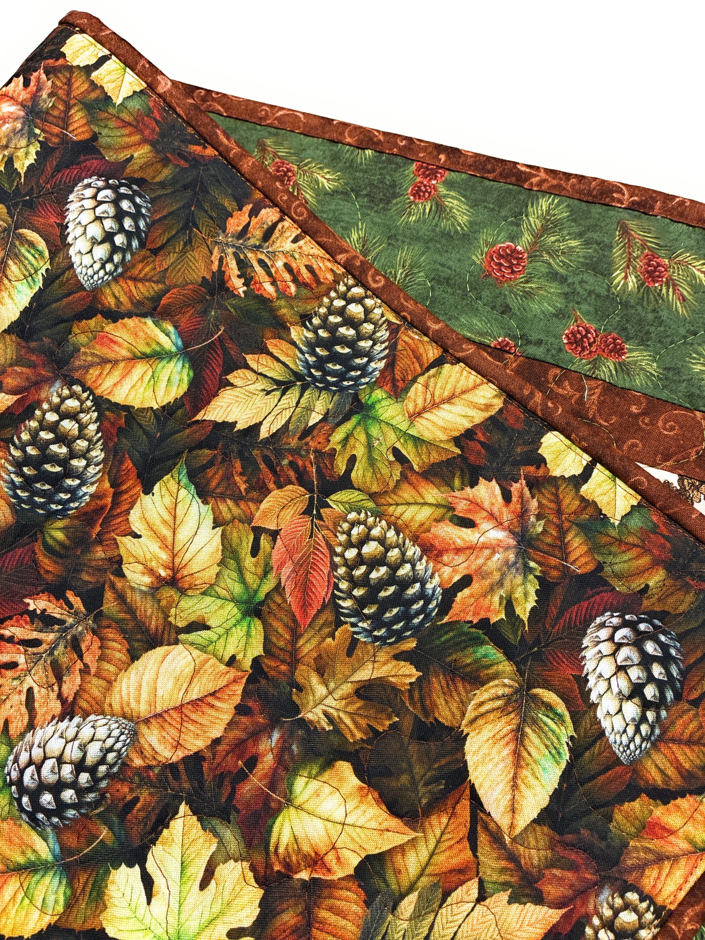 Pine Cones Acorns Rustic Quilted Dining Coffee Table Runner 13x50" Mountain Cabin Woods