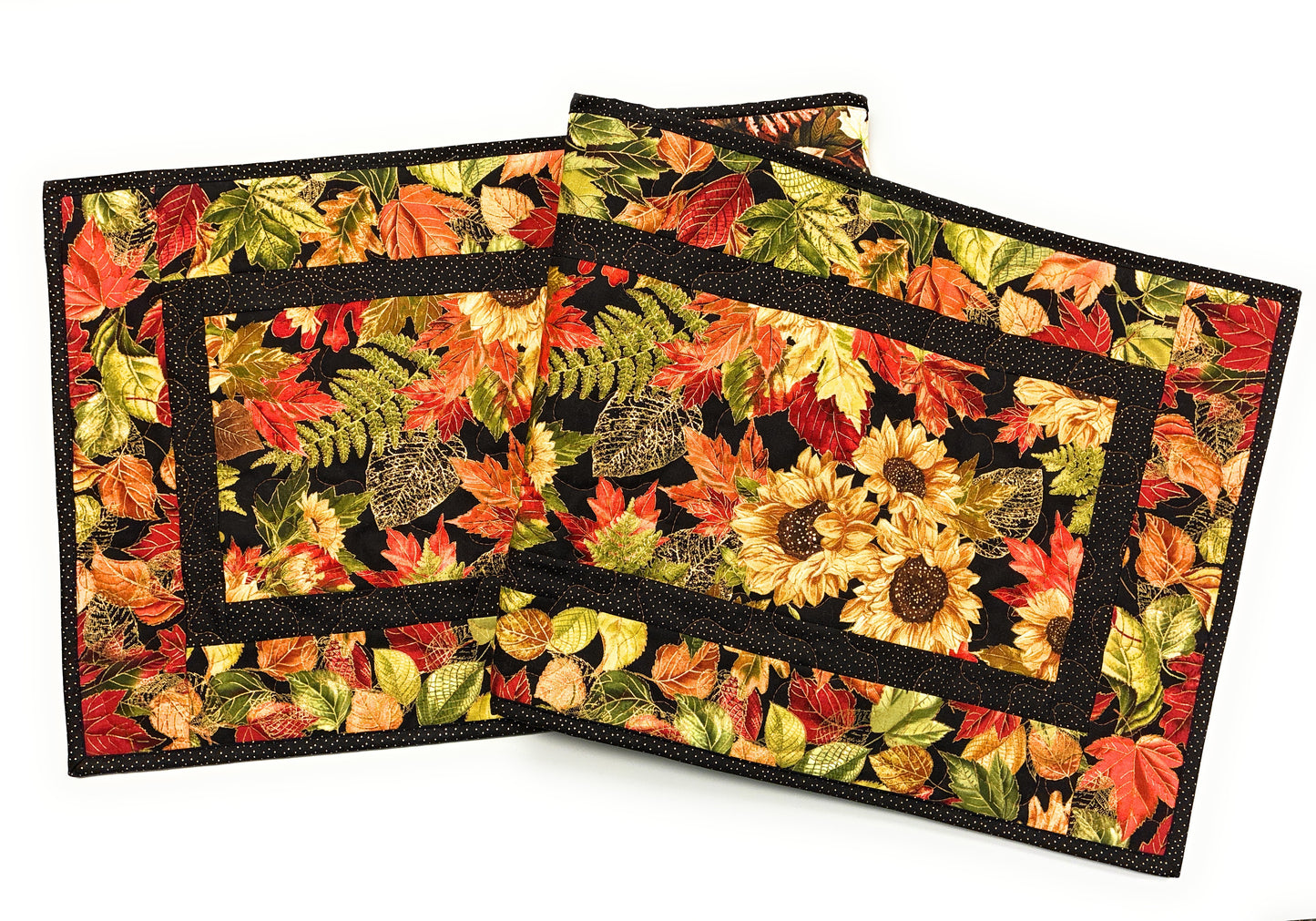Fall Sunflowers Autumn Leaves Quilted Dining Table Runner, 14x48" Reversible Handmade