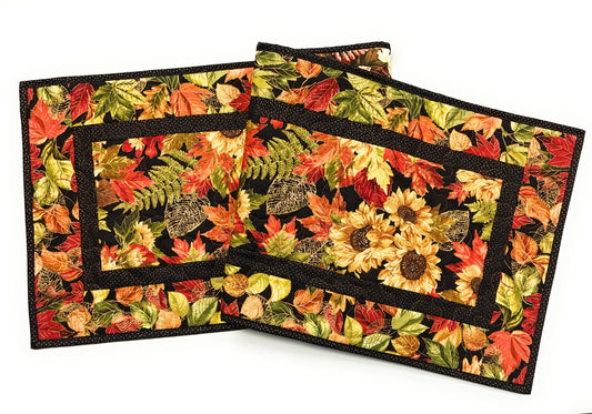 Fall Sunflowers Autumn Leaves Quilted Dining Table Runner, 14x48" Reversible Handmade