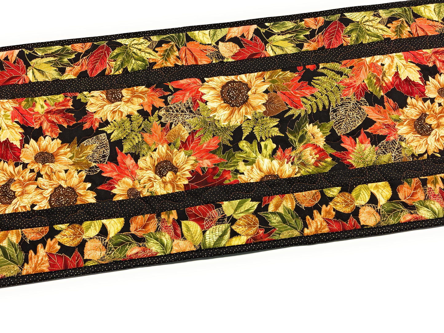 Fall Sunflowers Autumn Leaves Quilted Dining Table Runner, 14x48" Reversible Handmade
