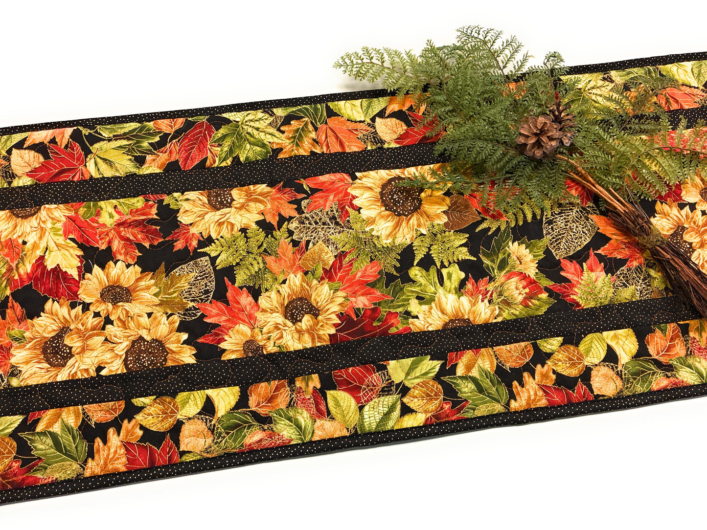 Fall Sunflowers Autumn Leaves Quilted Dining Table Runner, 14x48" Reversible Handmade
