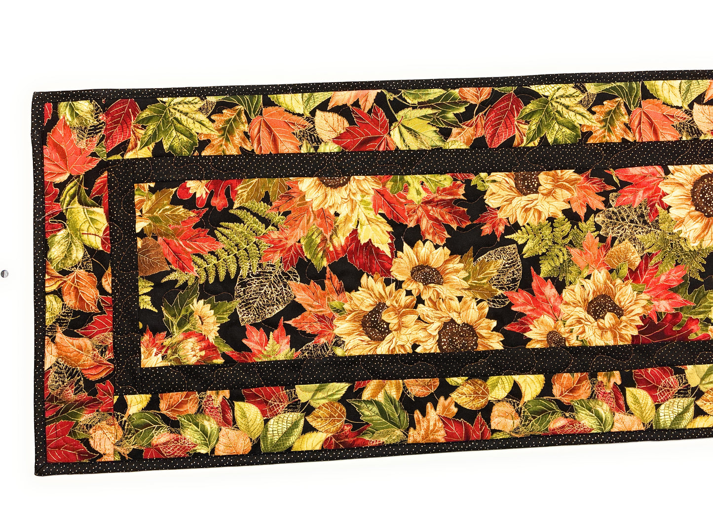 Fall Sunflowers Autumn Leaves Quilted Dining Table Runner, 14x48" Reversible Handmade