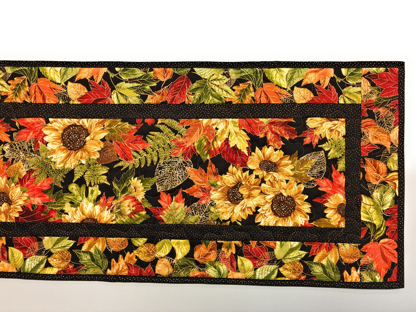 Fall Sunflowers Autumn Leaves Quilted Dining Table Runner, 14x48" Reversible Handmade