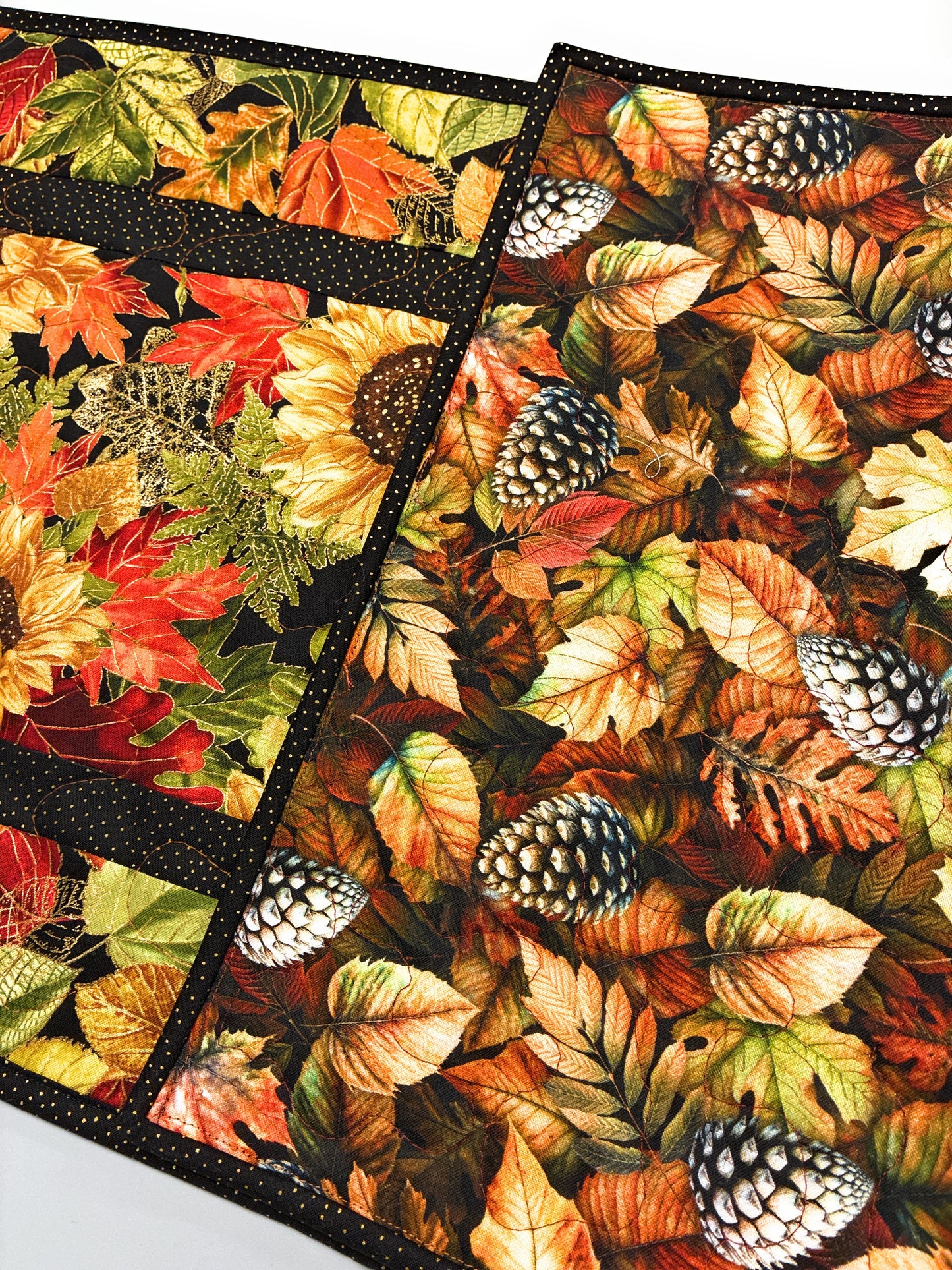 Fall Sunflowers Autumn Leaves Quilted Dining Table Runner, 14x48" Reversible Handmade