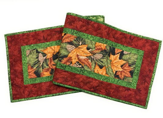 Autumn Fall Dining Table Runner Green Gold Leaves, Quilted Reversible Washable, 13x48" Handmade