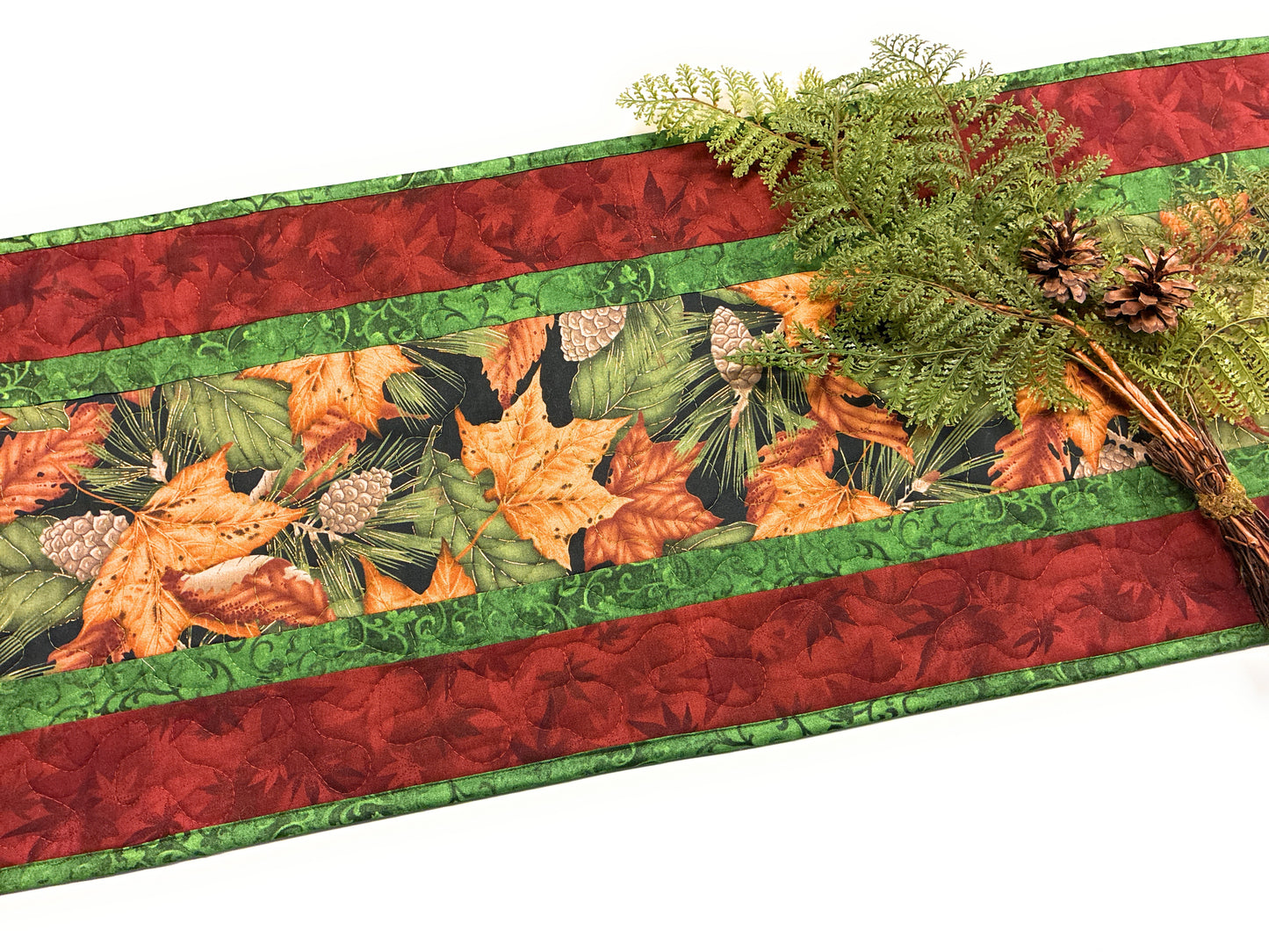 Autumn Fall Dining Table Runner Green Gold Leaves, Quilted Reversible Washable, 13x48" Handmade