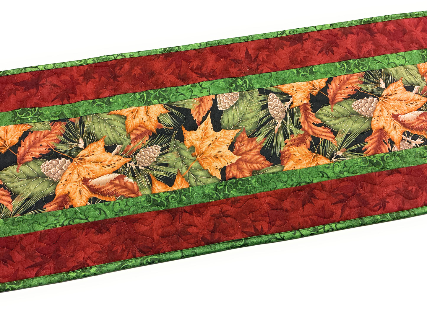 Autumn Fall Dining Table Runner Green Gold Leaves, Quilted Reversible Washable, 13x48" Handmade