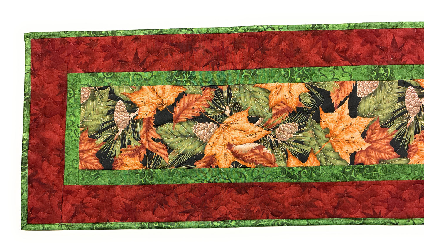 Autumn Fall Dining Table Runner Green Gold Leaves, Quilted Reversible Washable, 13x48" Handmade