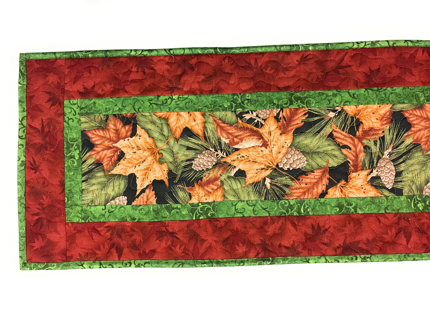Autumn Fall Dining Table Runner Green Gold Leaves, Quilted Reversible Washable, 13x48" Handmade