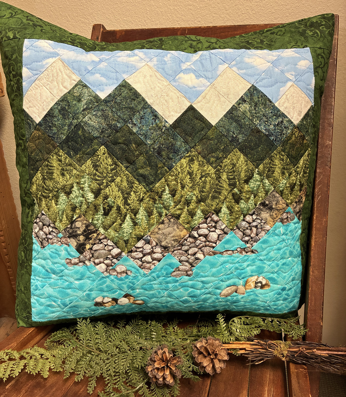 Lake Tahoe Mountain Decorative Pillow, Pine Trees Blue Sky Alpine Landscape Pillow 20x20" Cotton, Cabin Lodge Decor Bedroom Sofa Living Room