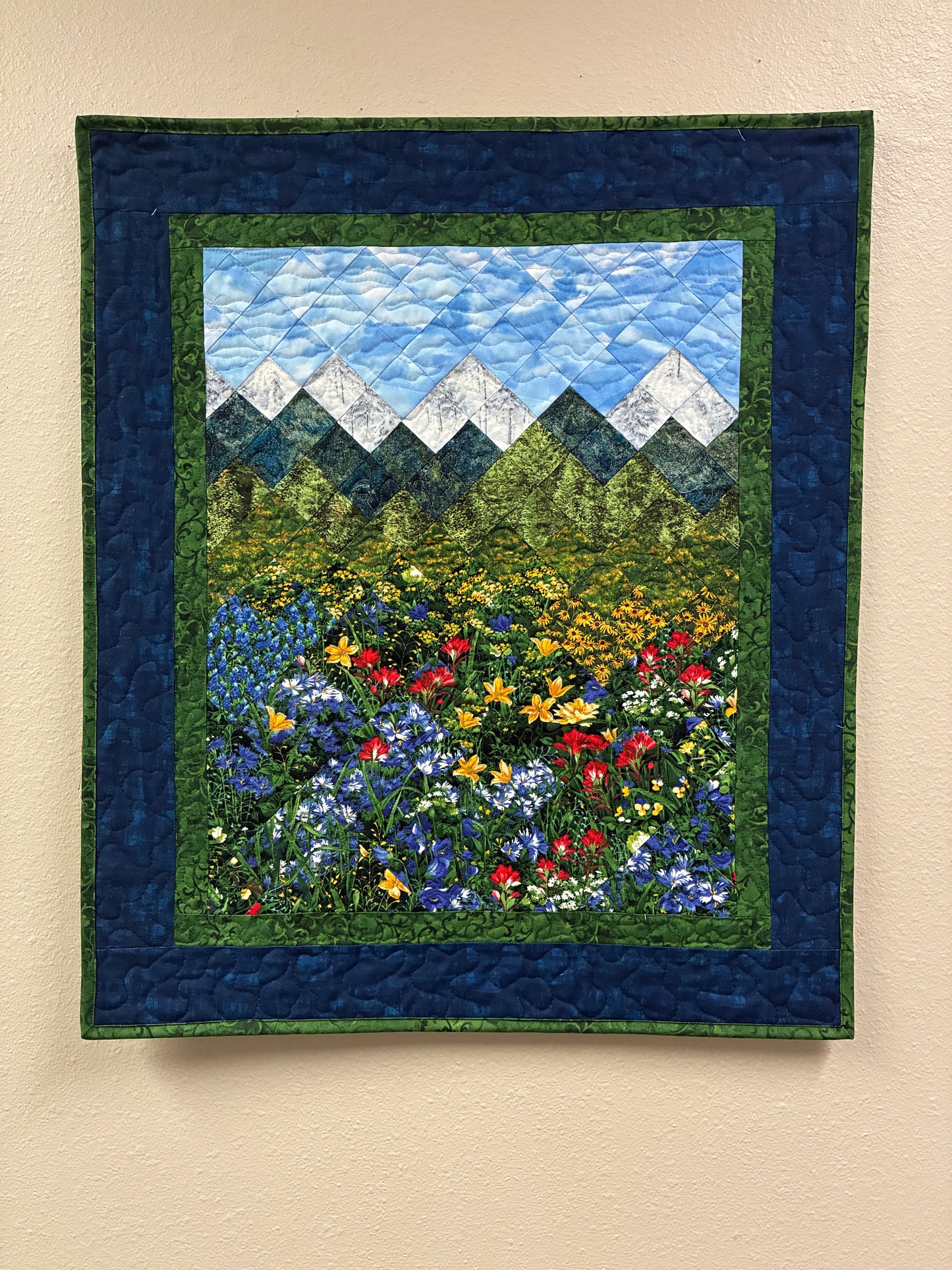Mountain Art Quilt Tapestry Fabric Wall Hanging, 24x29” Original Artwork, Forest Blue Red Yellow Meadow Flower Snowy Scenic Alpine Cabin
