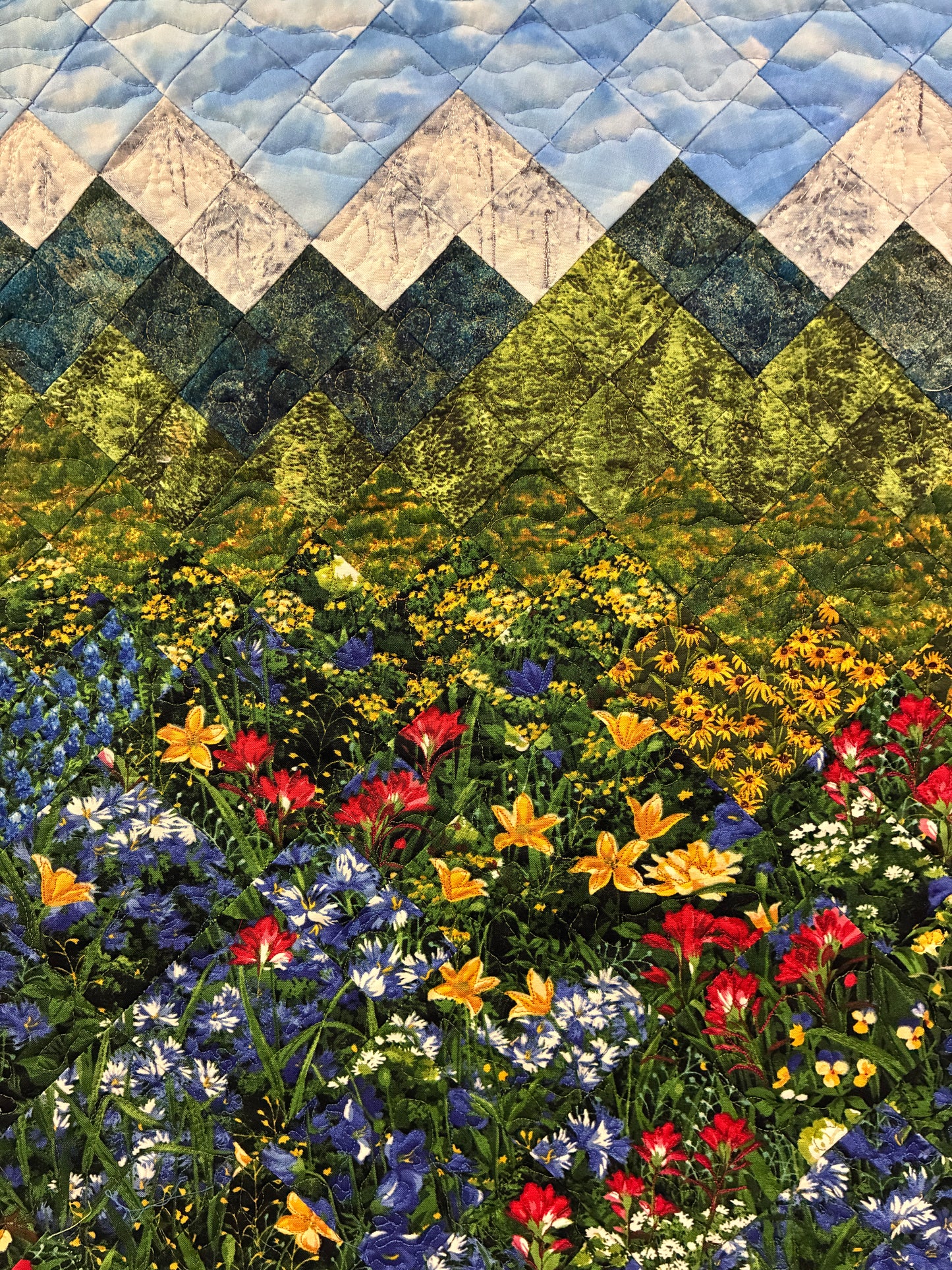 Mountain Art Quilt Tapestry Fabric Wall Hanging, 24x29” Original Artwork, Forest Blue Red Yellow Meadow Flower Snowy Scenic Alpine Cabin