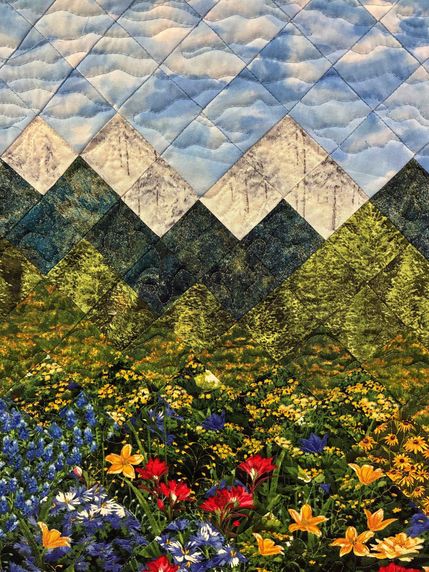 Mountain Art Quilt Tapestry Fabric Wall Hanging, 24x29” Original Artwork, Forest Blue Red Yellow Meadow Flower Snowy Scenic Alpine Cabin