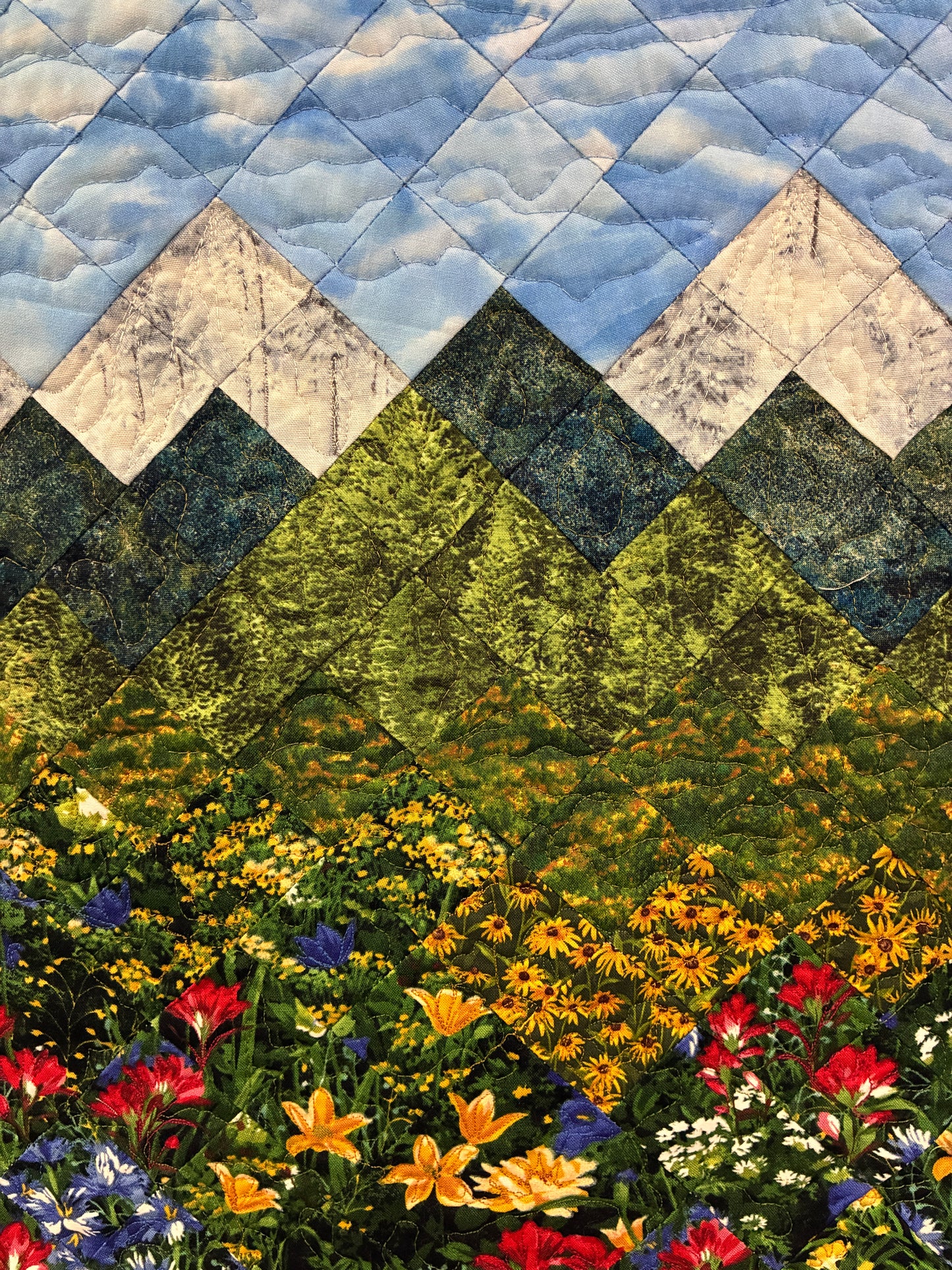 Mountain Art Quilt Tapestry Fabric Wall Hanging, 24x29” Original Artwork, Forest Blue Red Yellow Meadow Flower Snowy Scenic Alpine Cabin