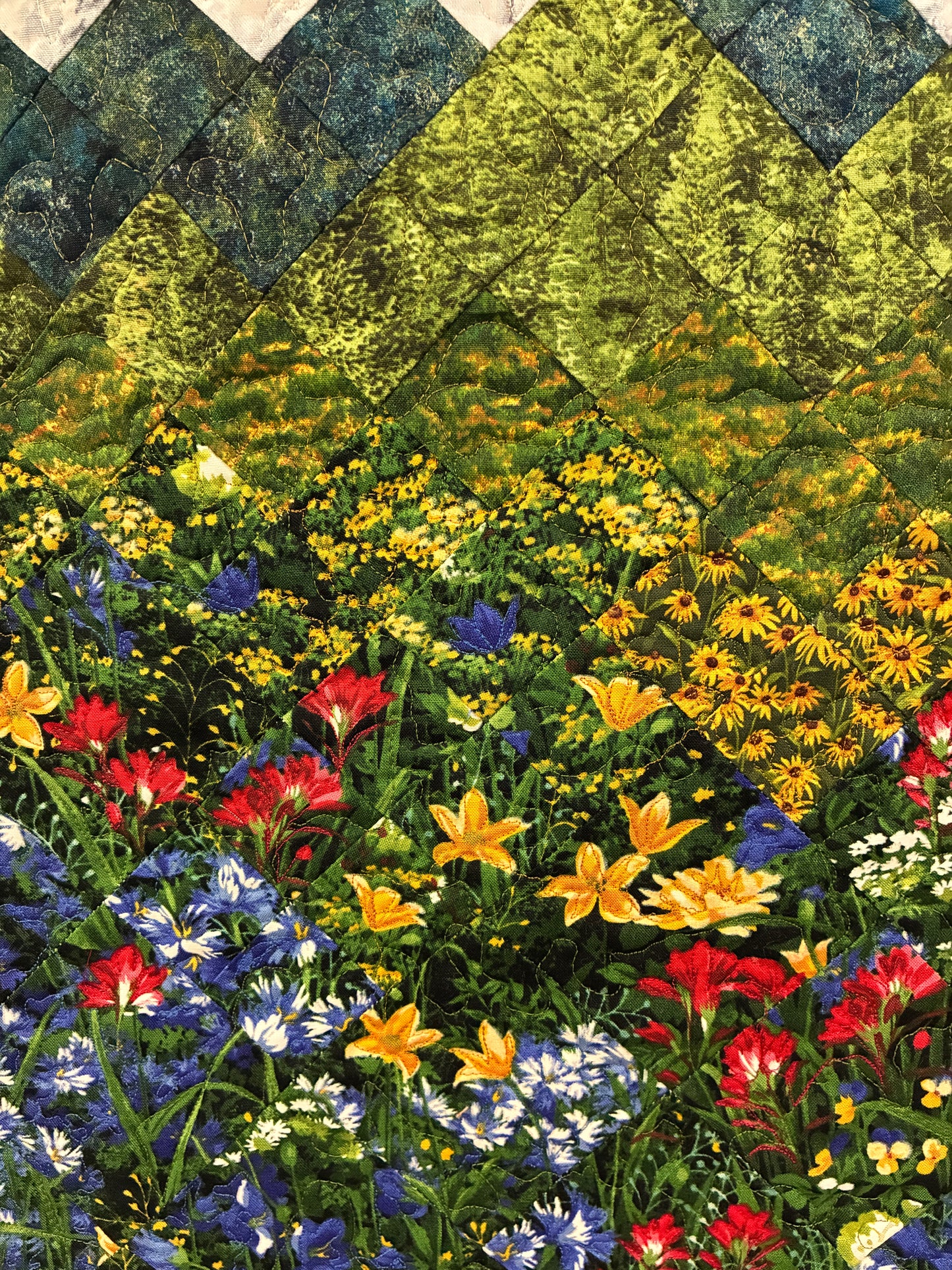 Mountain Art Quilt Tapestry Fabric Wall Hanging, 24x29” Original Artwork, Forest Blue Red Yellow Meadow Flower Snowy Scenic Alpine Cabin