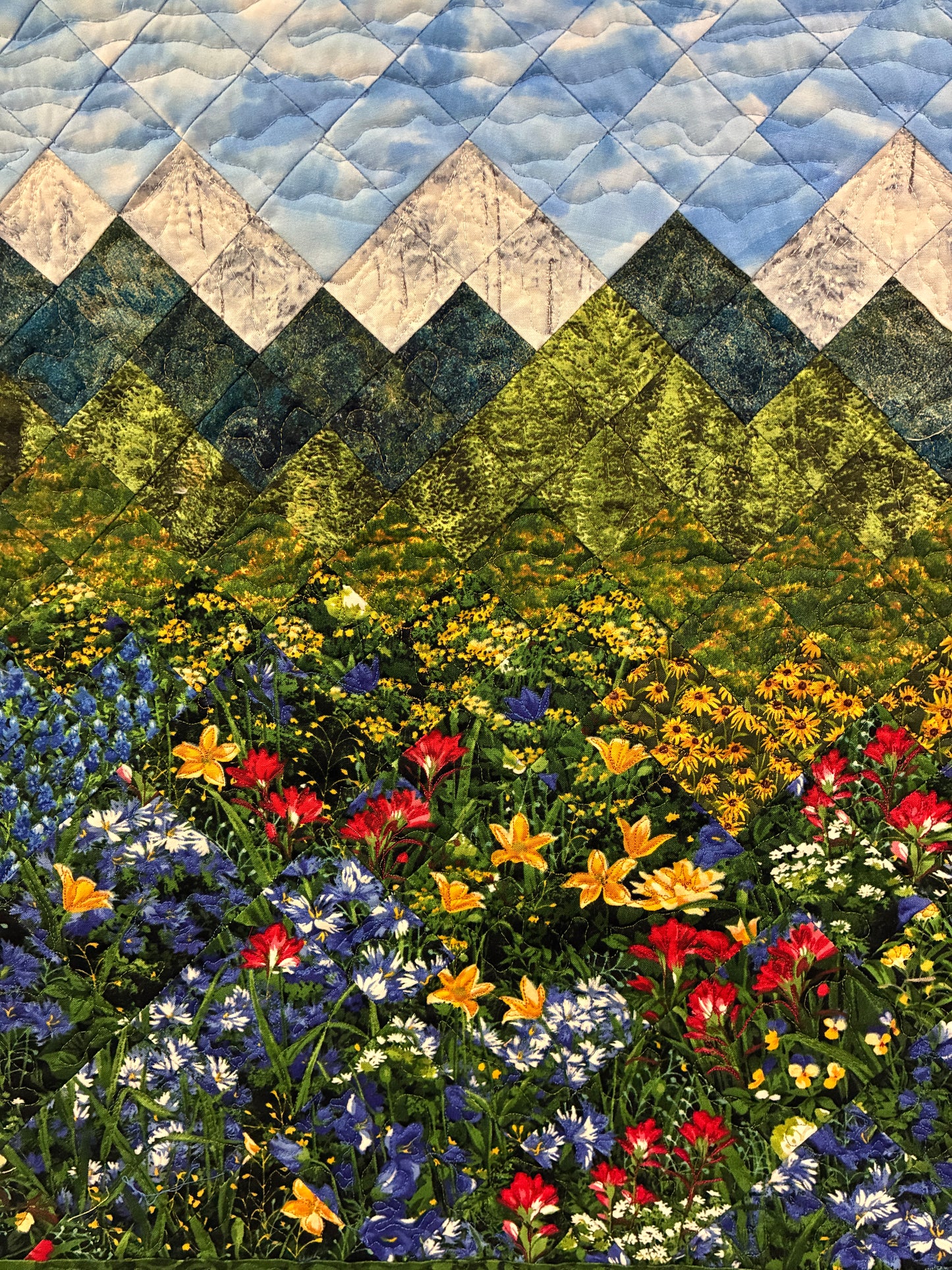 Mountain Art Quilt Tapestry Fabric Wall Hanging, 24x29” Original Artwork, Forest Blue Red Yellow Meadow Flower Snowy Scenic Alpine Cabin