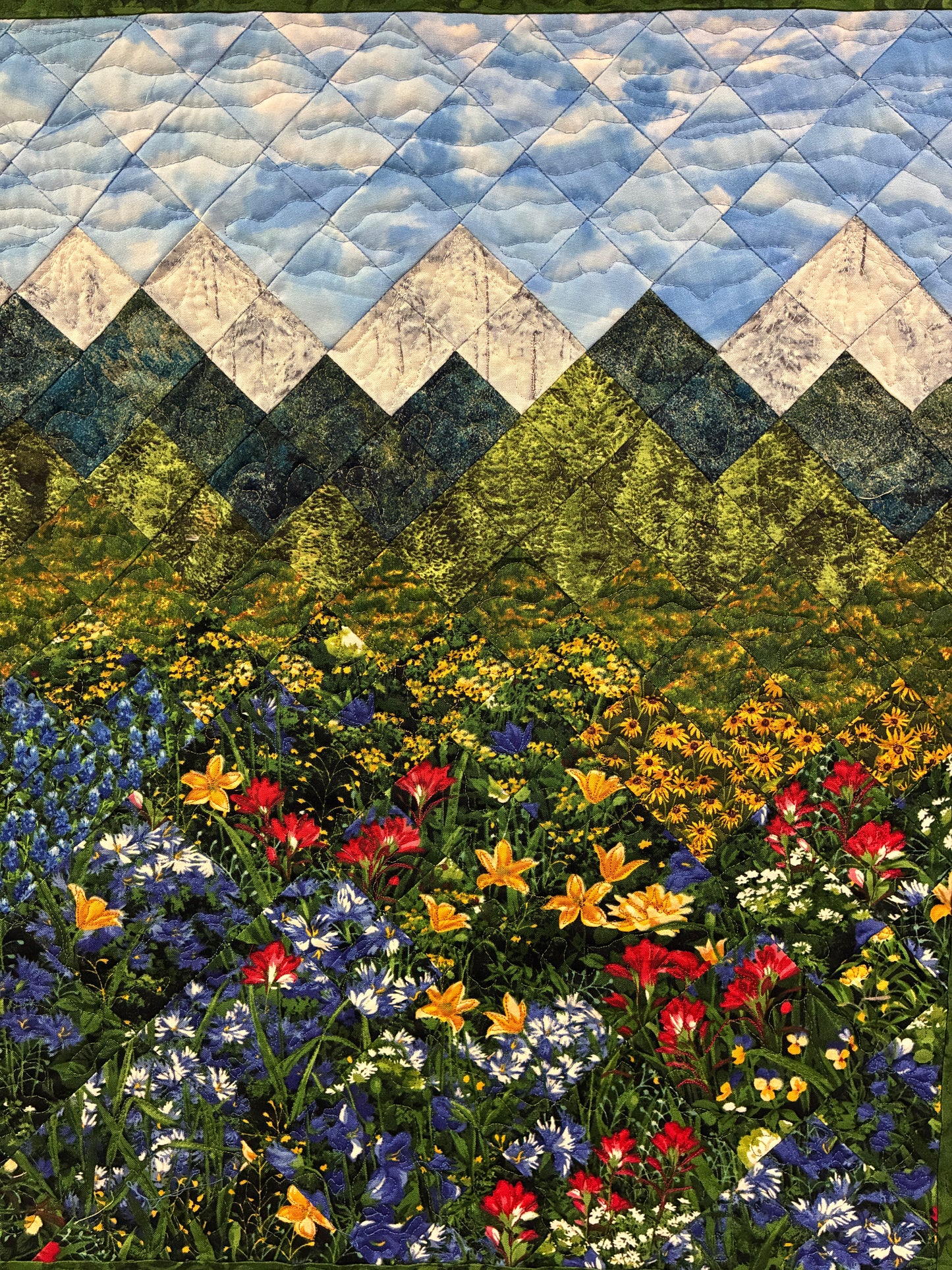 Mountain Art Quilt Tapestry Fabric Wall Hanging, 24x29” Original Artwork, Forest Blue Red Yellow Meadow Flower Snowy Scenic Alpine Cabin