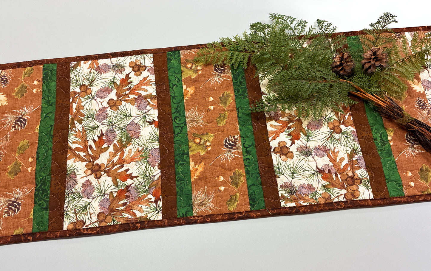 Pine Cones Acorns Quilted Dining or Coffee Table Runner, 13x38" Reversible Christmas Handmade