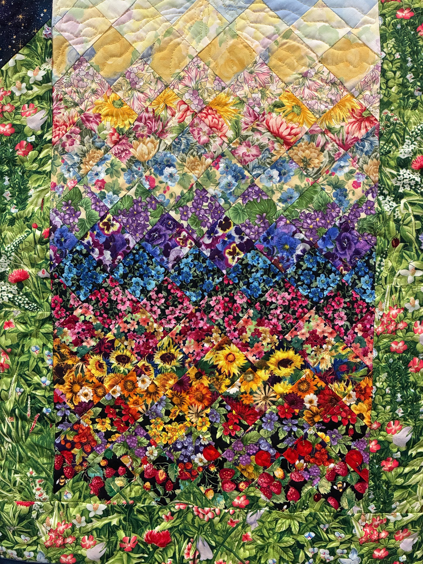 Art Quilt, Sunshine Garden Sun Moon Fabric Quilted Wall Hanging Celestial Tapestry 33x17"