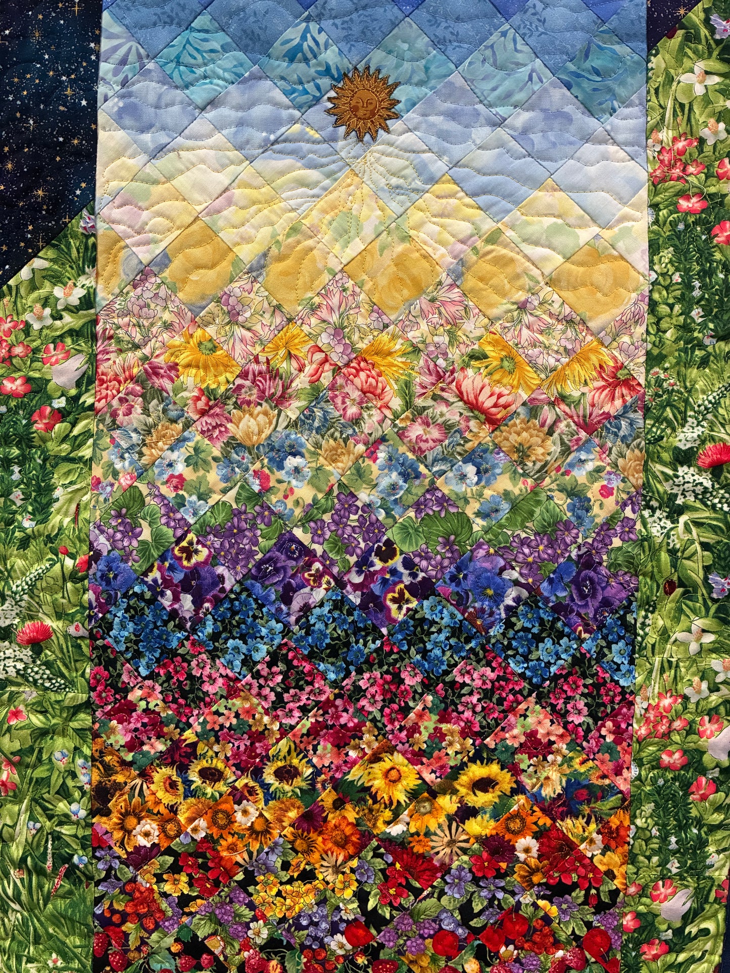 Art Quilt, Sunshine Garden Sun Moon Fabric Quilted Wall Hanging Celestial Tapestry 33x17"