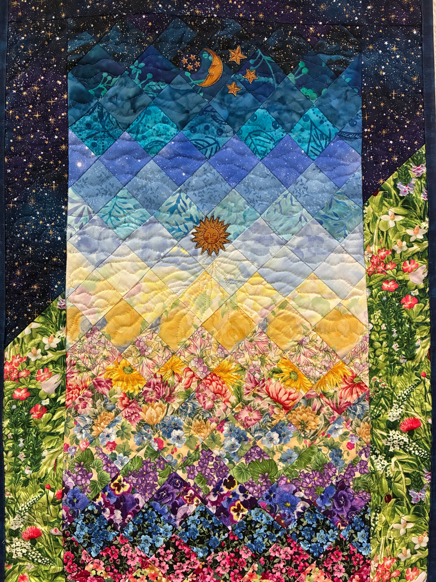 Art Quilt, Sunshine Garden Sun Moon Fabric Quilted Wall Hanging Celestial Tapestry 33x17"