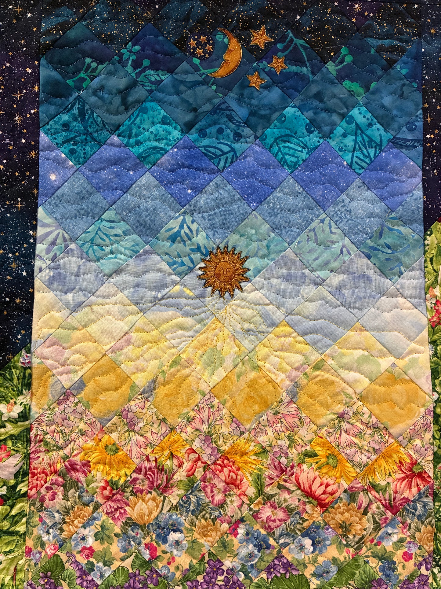 Art Quilt, Sunshine Garden Sun Moon Fabric Quilted Wall Hanging Celestial Tapestry 33x17"