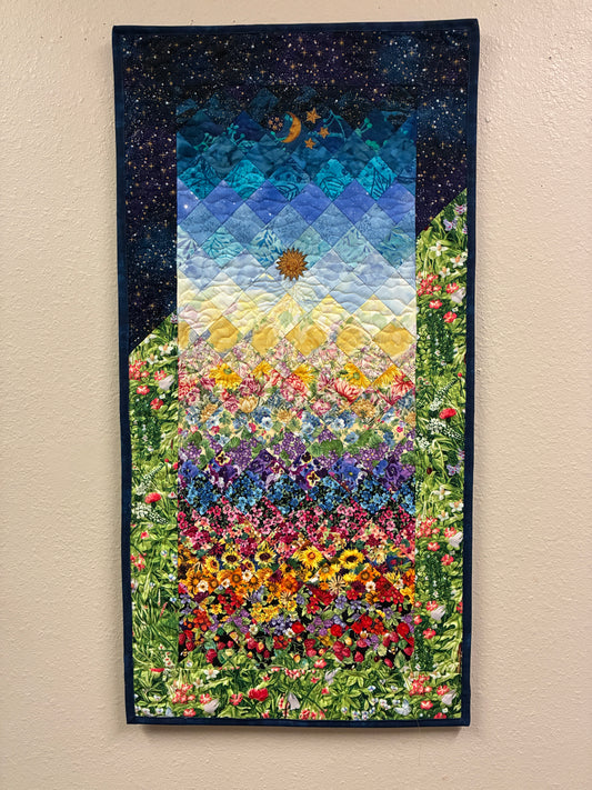 Art Quilt, Sunshine Garden Sun Moon Fabric Quilted Wall Hanging Celestial Tapestry 33x17"