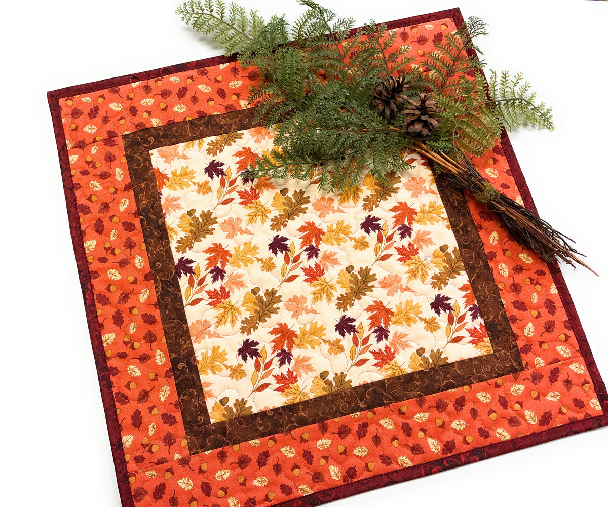 Fall Leaves Quilted Dining Table Square, 19x19" Autumn Rust Gold Plum