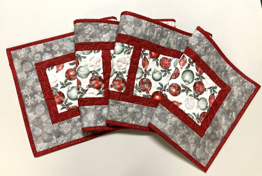 Winter Red Silver Green Christmas Ornaments Quilted Dining Table Runner, 13x70" Holiday Coffee End Table, Dresser Scarf Reversible Handmade