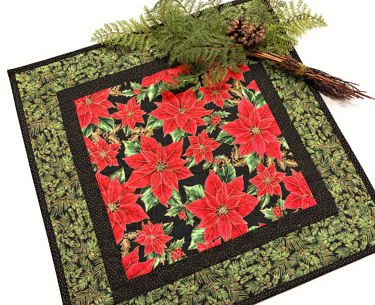 Christmas Table Topper, Poinsettias Pine Cones Boughs, Quilted Large Square 20x20" Reversible Fall