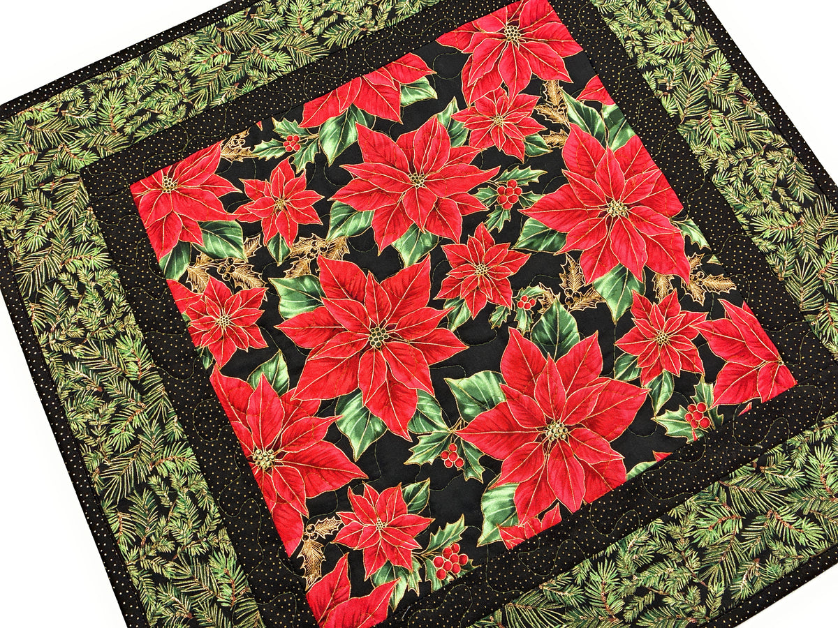 Christmas Table Topper, Poinsettias Pine Cones Boughs, Quilted Large Square 20x20" Reversible Fall