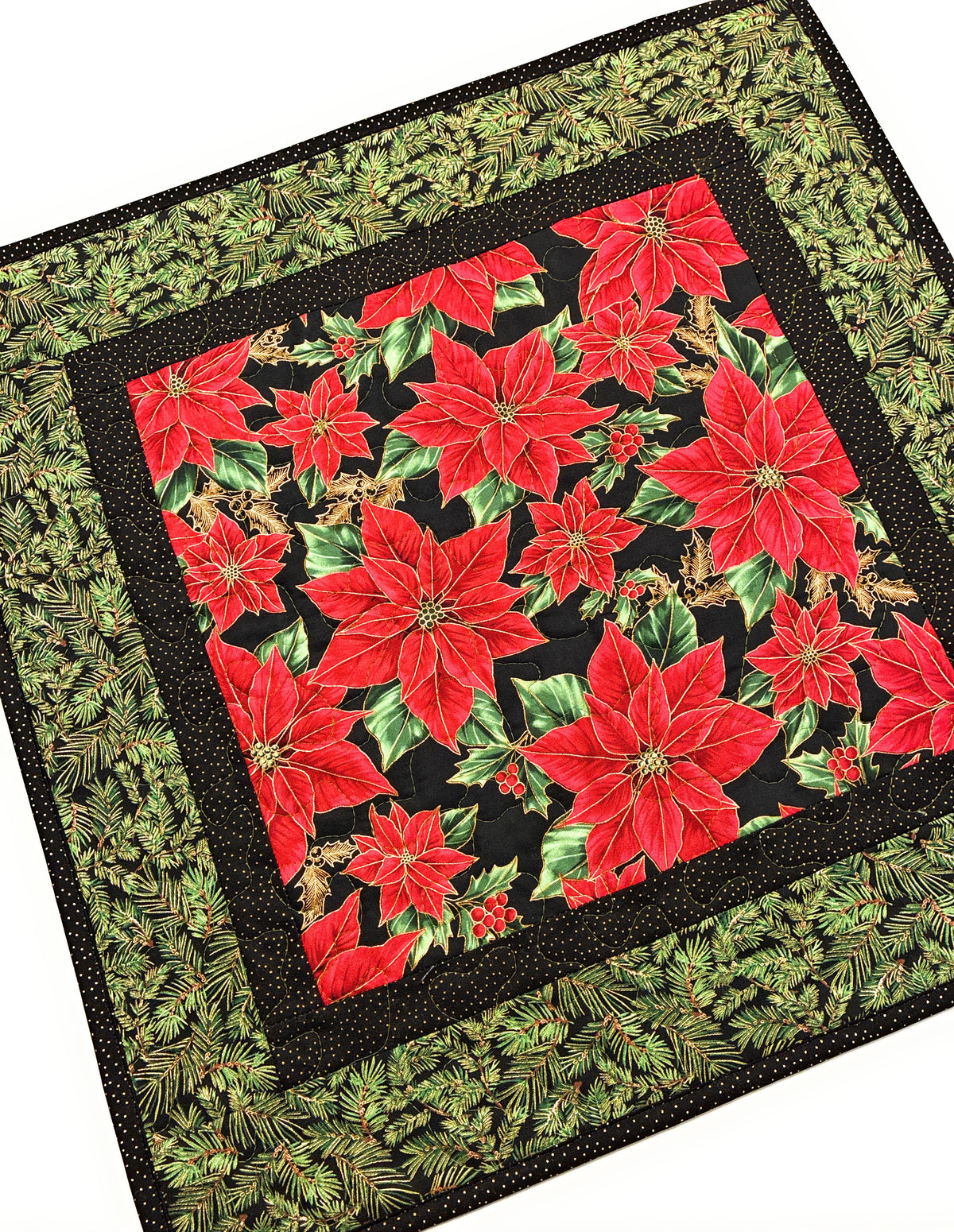 Christmas Table Topper, Poinsettias Pine Cones Boughs, Quilted Large Square 20x20" Reversible Fall