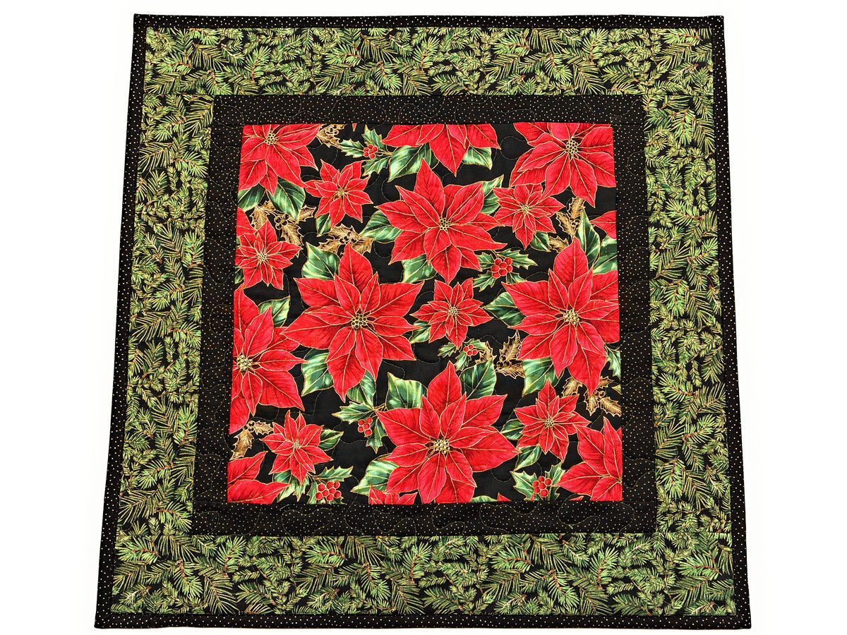 Christmas Table Topper, Poinsettias Pine Cones Boughs, Quilted Large Square 20x20" Reversible Fall