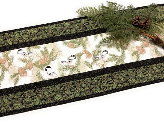 Pine Cone Mountain Chickadee Birds Quilted Table Runner, 13x48", Reversible Spring, Coffee Dining Table Decor Holly Winter Christmas Decor