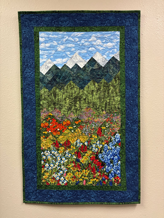 Wildflower Mountain Quilt Art Fabric Wall Hanging, Landscape Artwork 23x38” Vertical Tapestry