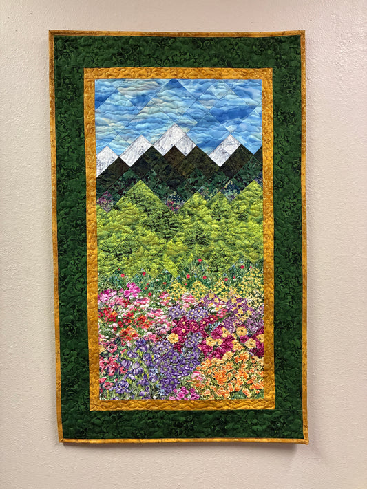 Mountain Spring Flowers Art Quilt Tapestry, Fabric Wall Hanging 24x38" Alpine Flowers Snowy Forest Landscape