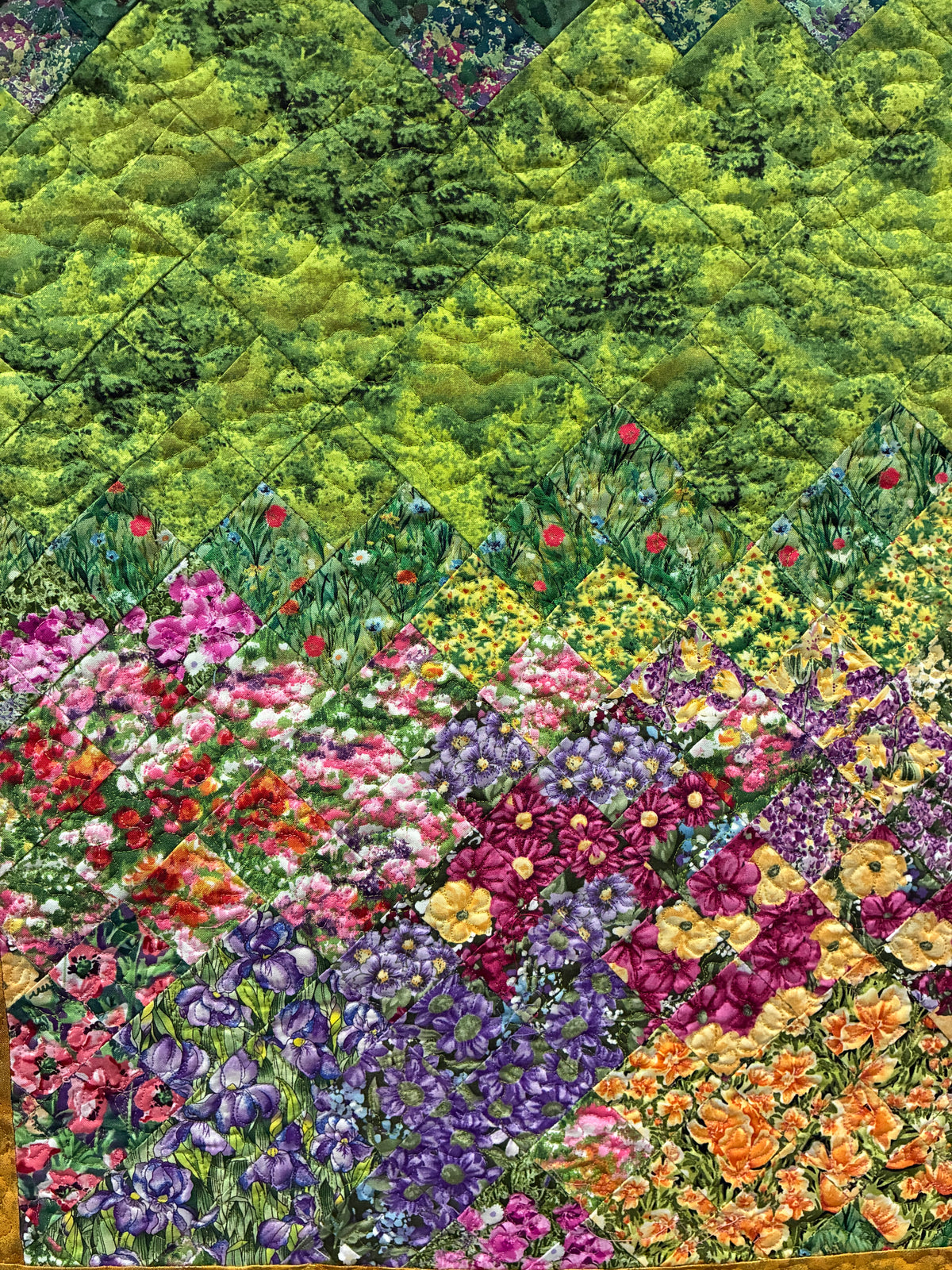 Mountain Spring Flowers Art Quilt Tapestry, Fabric Wall Hanging 24x38" Alpine Flowers Snowy Forest Landscape